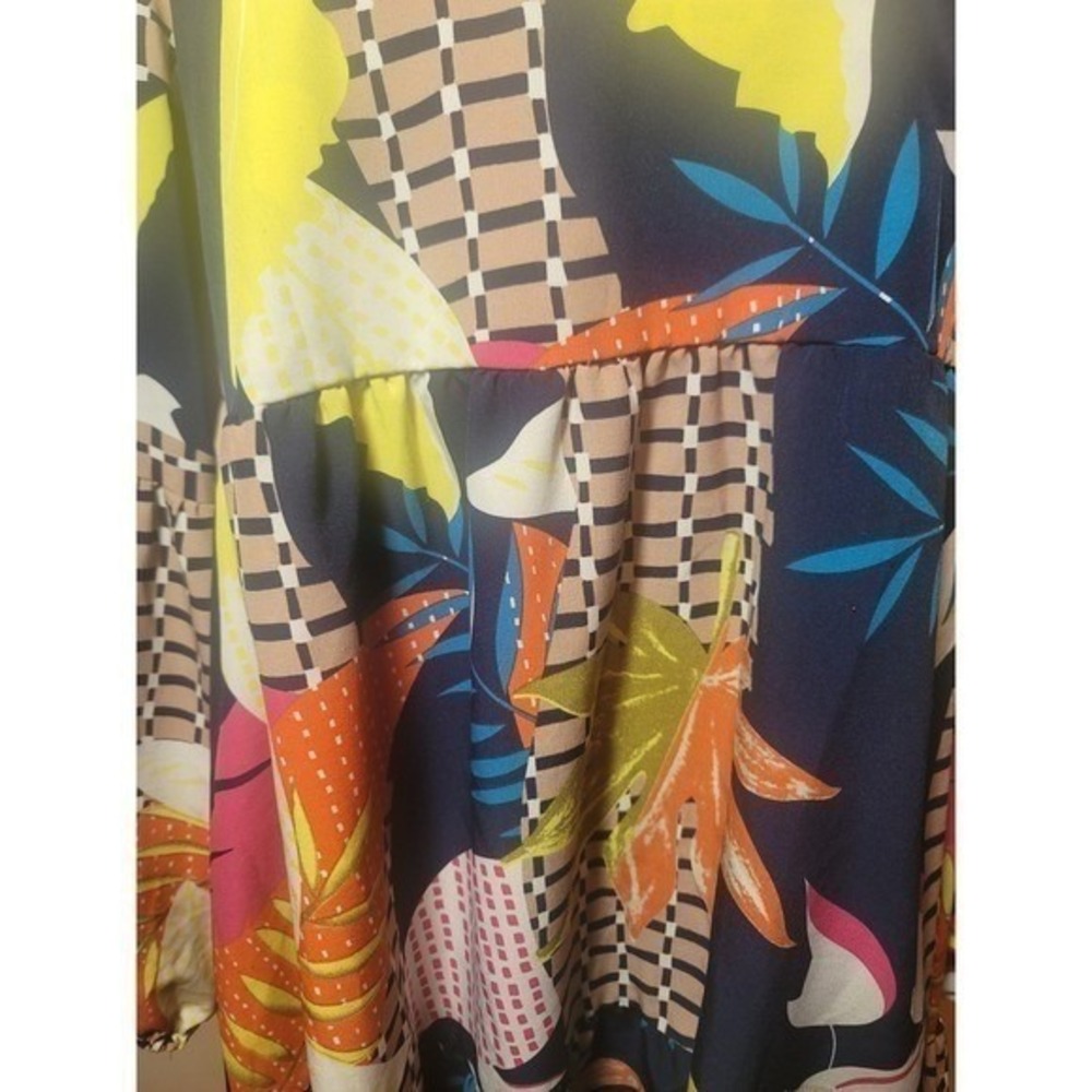 Boho Patchwork Mini Dress Large Tiered Bell Sleeve V-Neck - Picture 3 of 5
